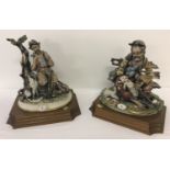 2 large Capodimonte figurines mounted on wooden plinths, one unstuck.