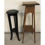 2 vintage wooden plant stands. A dark wood circular topped stand on 3 legs.