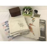 A quantity of assorted misc. items to include vintage linen, letter racks & wooden elephant.