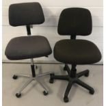 2 modern swivel office chairs on castors.