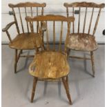 3 matching pine vintage kitchen chairs with turned detail to legs and spindles.