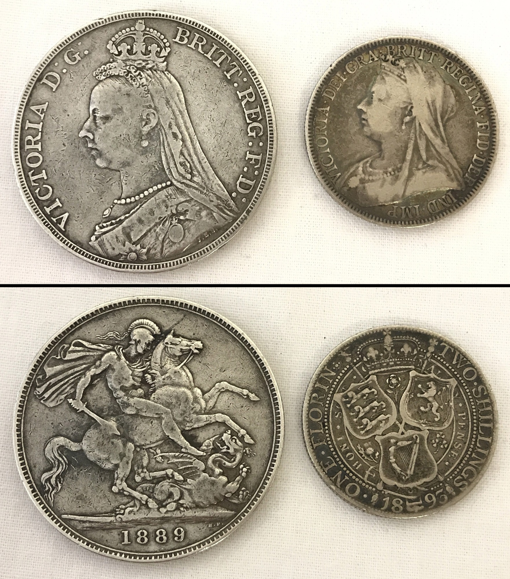 An 1889 Victoria Jubilee silver crown together with a Victorian veiled head 1895 silver Florin.