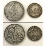 An 1889 Victoria Jubilee silver crown together with a Victorian veiled head 1895 silver Florin.