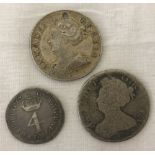 2 Queen Anne shillings together with a Queen Anne 4 pence coin.