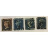 A Victorian Penny Black together with 3 two penny Blue stamps.