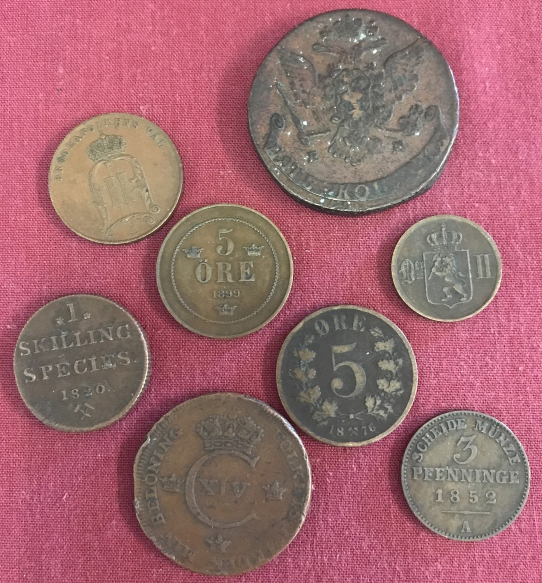 8 antique foreign coins to include 1768 Russian Empire 5 Kopeks, 1820 Swedish 1 Skilling and 1876