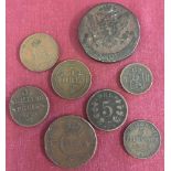 8 antique foreign coins to include 1768 Russian Empire 5 Kopeks, 1820 Swedish 1 Skilling and 1876
