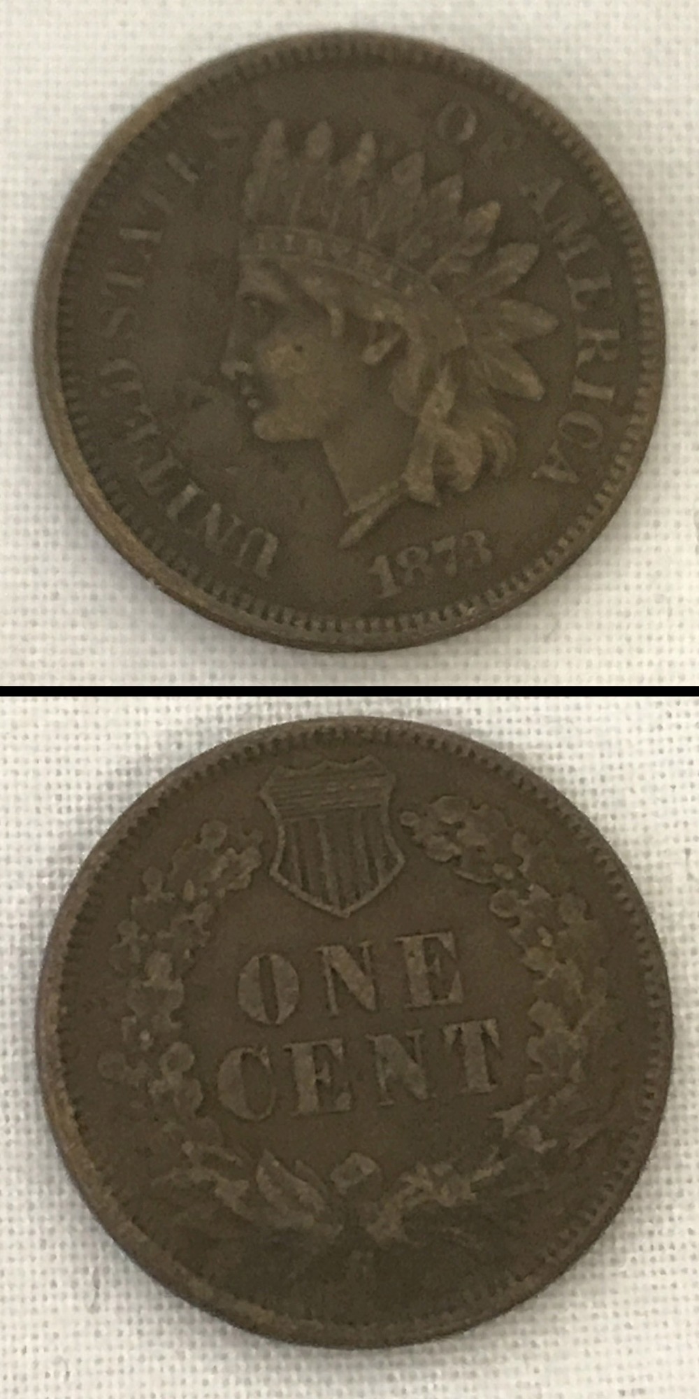 An 1873 American 1 cent coin with Indian head to obverse