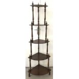 A vintage dark wood 5 shelf corner wotnot with turned columns and finial detail.