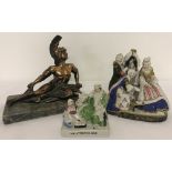3 figurines. A semi naked centurion on a marble base, a fairing " The Attentive Maid" and