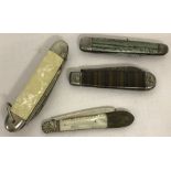 3 vintage penknives together with a fruit knife with silver blade.