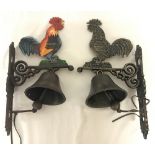 2 cast iron wall hanging garden bells with cockerel decoration; one painted.