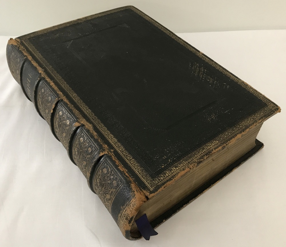 A large antique leather bound bible printed for John Davies & Co by George Wilson, 1809.