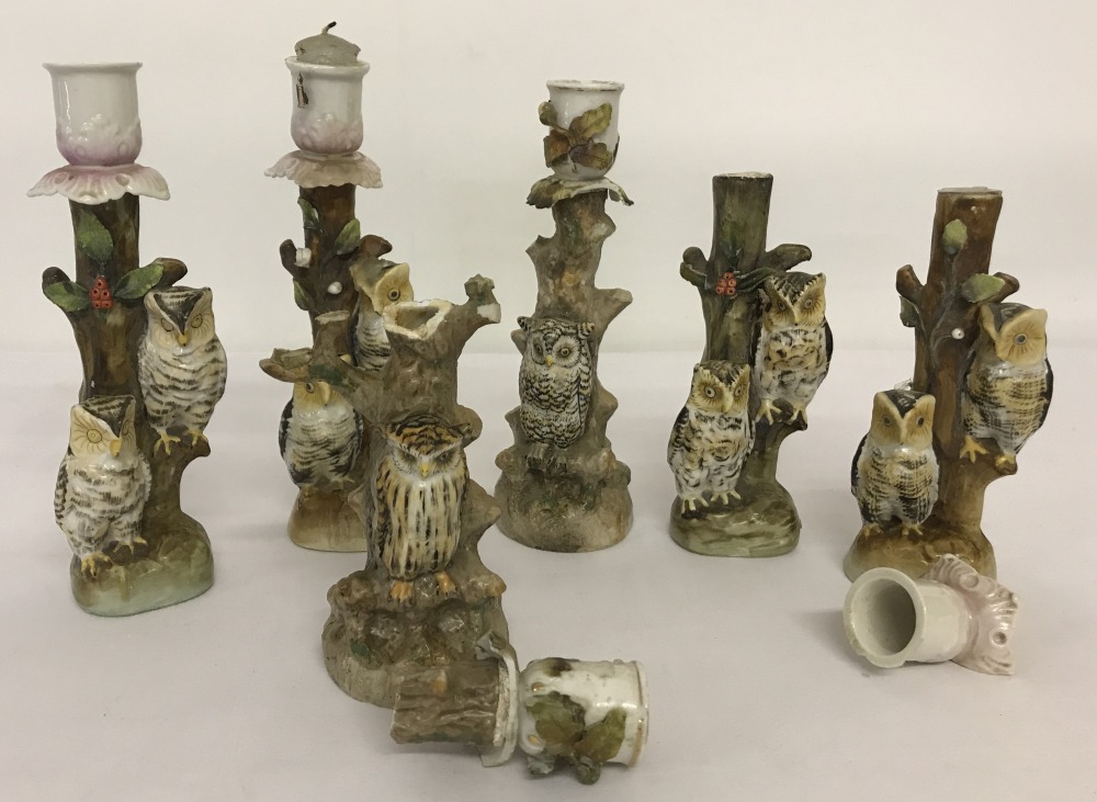 A collection of 6 late 19th century ceramic owl candlesticks by Conte & Boehme.