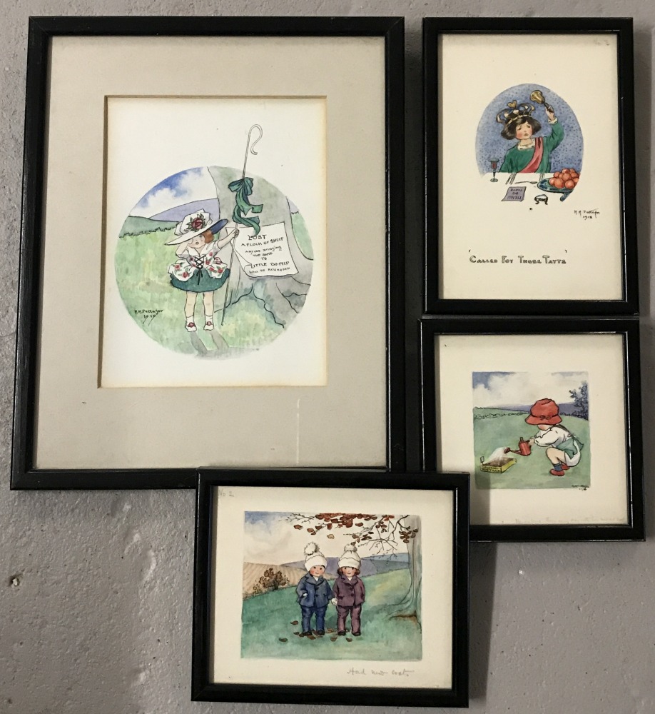 A collection of 4 framed & glazed children's nursery rhymes and story watercolours by M M Pettafor.