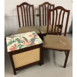 3 modern mahogany coloured dining chairs together with a vintage wooden laundry box.
