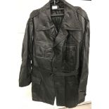 A vintage 3/4 length, black leather, belted coat.