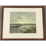 A 1951 framed colour print of "Shovelers on a Windy Dawn" by Peter Scott.