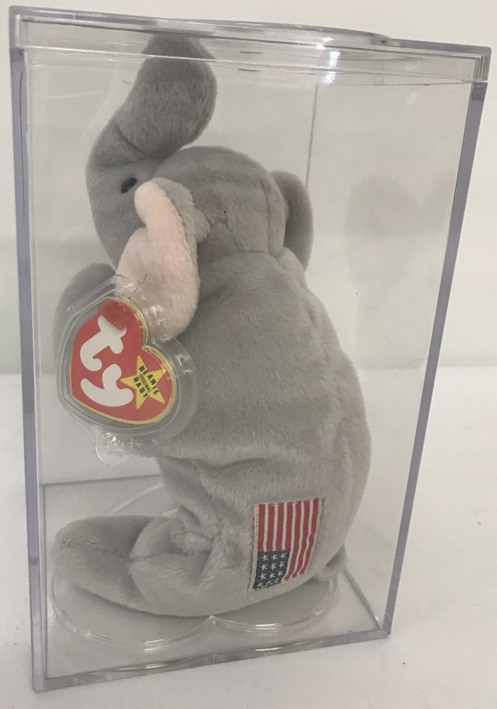 A rare Beanie Babies Righty elephant, style 4086 1996 with American flag upside down.