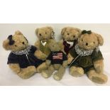 A collection of 4 jointed and clothed teddy bears with story books, together with one other.