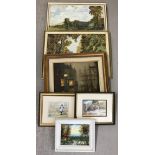 A collection of 5 framed rural scenes and 1 historical evening scene.