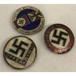 3 WWII style Nazi Party, circular shaped pin back badges.