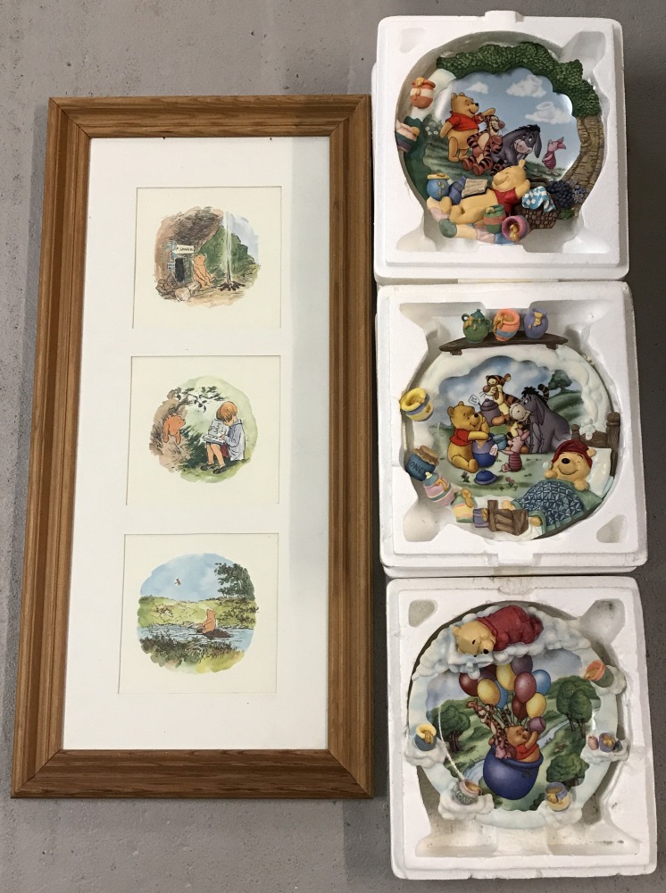 4 Winnie-the-Pooh collectable items; 3 plates and a picture.