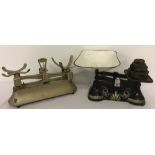 2 sets of vintage weighing scales, one complete with enamel bowl and set of 4 weights.