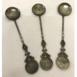 3 white metal spoons made from Chinese coins, marked to reverse "Silver" and with Chinese signature.