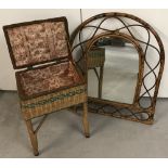 A 1950's wicker work box together with a curve topped bamboo framed hall mirror.