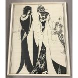 A framed and glazed Art Nouveau style black and white poster depicting 2 female figures.