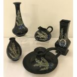 5 pieces of black painted ceramics by Shelley with white heather decorated to all.