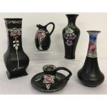 5 pieces of black painted ceramics by Shelley.