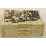 A small bone hinge lidded trinket box with carved detail to sides and erotic scene carved to lid.