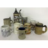 A collection of assorted ceramic tankards and steins.