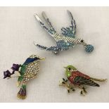 3 costume jewellery enamelled and stone set brooches in the shape of birds.