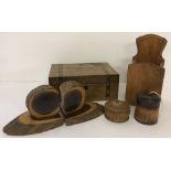 A collection of vintage treen items to include inlaid box, bookends and string box.