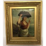 A 19th century oil on canvas of a shrimp girl in ornate gilt frame.