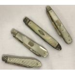4 vintage pearl handled fruit knives, 3 with a blank cartouche to handle.