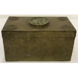 A vintage brass encased Chinese wooden box with jade roundel set to lid.