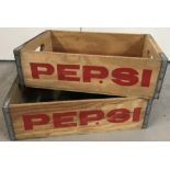 2 wooden Pepsi Cola, 2 handled crates with metal banded corners.