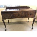 A vintage dark wood 3 drawer sideboard with cabriole legs and wooden knob handles.