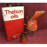 A vintage Thelson Oils 5 litre can together with an oil jug and a small pistol grip oiler can.