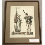 A framed and glazed engraving of a Chocolate seller and a soldier.