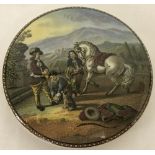 A Victorian Prattware pot lid "Preparing for the Ride".