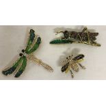 3 costume jewellery enamelled and stone set brooches in the shape of insects.