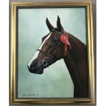 An acrylic on canvas of a show jumping horse by Jeff Bradley.