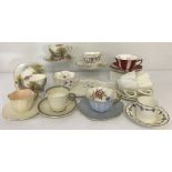 A collection of 10 cups and saucers by Shelley in varying patterns and designs.