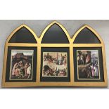 A framed and glazed triptych depicting 3 religious scene prints.