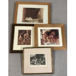 4 vintage framed and glazed prints of foxhounds.